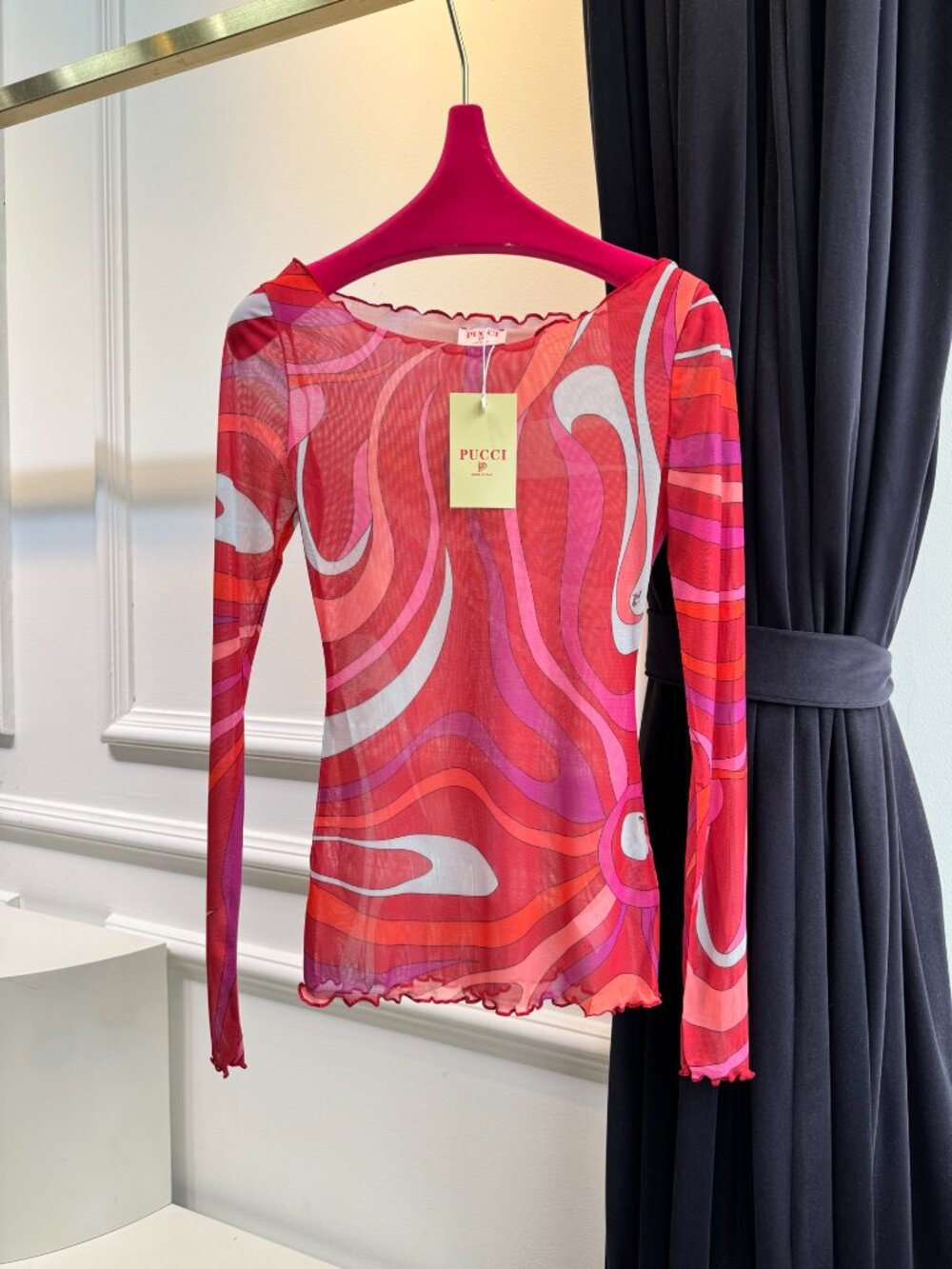 🍓Emilio Pucci Retro Wave Pattern Mesh Top Scalloped Neck & Hem Long Sleeve Shir